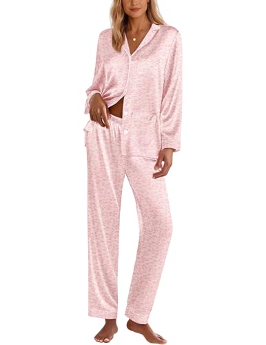 Image of Ekouaer Pajamas for Women Silk Satin Button Down Long Sleeve Pajama Sets