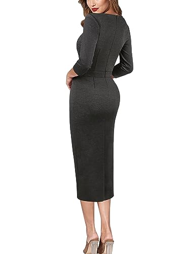 VFSHOW Womens Square Neck Work Ruched Front Slit Business Office Party Dress Church Bodycon Sheath Midi Pencil Dress4