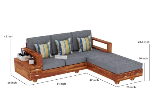 Image of Sheesham Wood 4 Seater L Shape Sofa Set with 2 Drawer Storage | 3+1 Wooden Sofa Set Furniture for Living Room Home Office (Honey Finish)