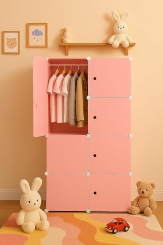 Image of Sunderlook Plastic Wardrobe for Kids Clothes - Professional Collapsible Wardrobe, Easy to Use Foldable Almirah, Plastic Cupboard for Kids for Home (Pink-X3, 8 Door)