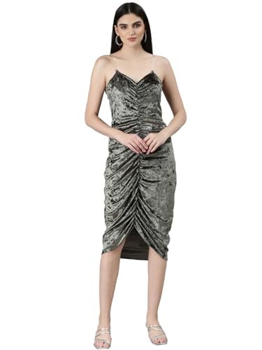 Image of SHOWOFFFF Women Solid Bodycon Party Dress | Sweetheart Neck Sleeveless Velvet Dress for Womens | Knee Length Dress for Women's