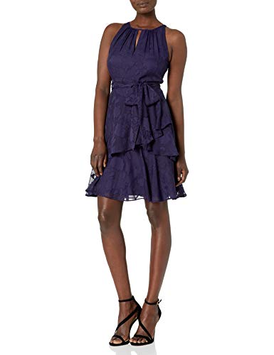Tahari ASL Women's Sleeveless Keyhole Neck Tiered Dress, Navy, 12