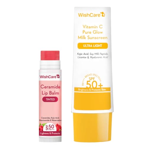 Image of WishCare Tinted Lip Balm SPF 50 PA+++ with Kojic Acid and Vitamin C Pure Glow Milk Sunscreen SPF 50 PA++++ | Ultra Light Weight, Oil Free with Broad Spectrum Protection & No White Cast Combo