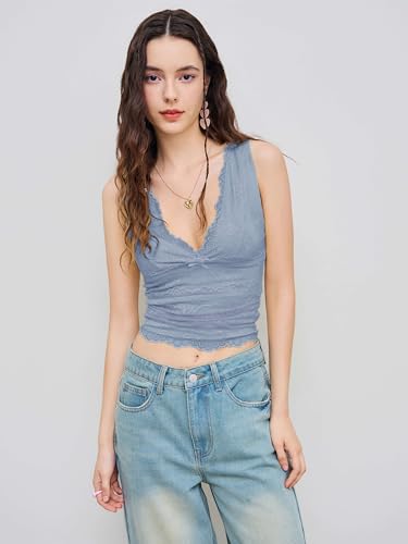 Image of CIDER Lace Crop Tank Tops for Women Going Out V Neck Sleeveless Ruched Tops Trendy Y2K Summer Outfits