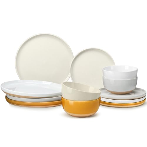 12 Pieces Farmhouse Stoneware Dinnerware Sets, Speckled Ceramic Plates and Bowls Set, Matte Terracotta Underside Ceramic Dishes Set for 4, Scratch Resistant Microwave & Dishwasher Safe (Autumn Melody)