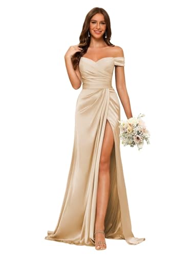 Dessiny Women's Champagne Off Shoulder Bridesmaid Dresses with Slit 2026 Mermaid Satin Ruched Bodycon Bridesmaid Dress Long US8