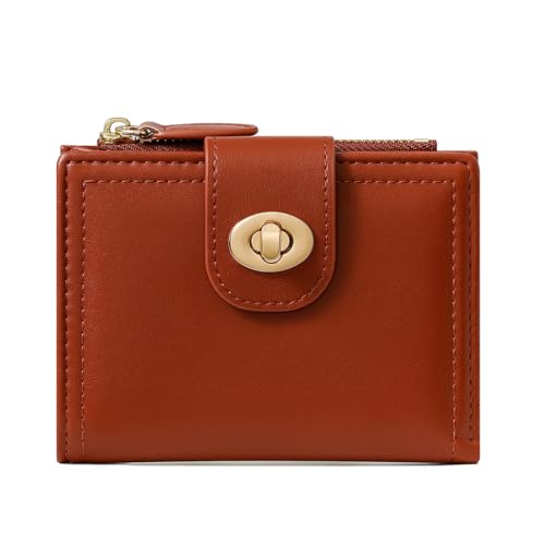 Small Wallet for Women Girls Aesthetic Bifold RFID Blocking Cute Card Holder Leather Mini Short Purse with Zipper Coin Pocket-Flower Lock -red