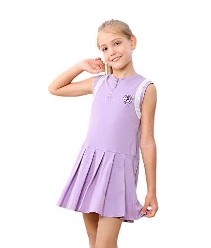 EXARUS Girls Tennis Dress with Shorts Golf Sleeveless Outfit School Sports Pleated Dresses with Pockets Purple 8 Years