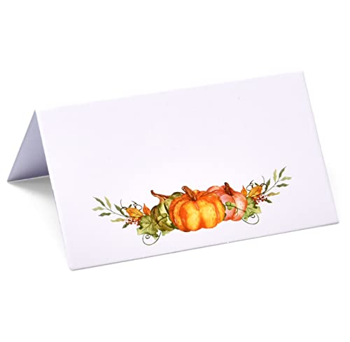 Gift Boutique 100 Pack Thanksgiving Place Cards with Pumpkins and Fall Leaves Folded Paper Name Cards for Dinner Table Setting Autumn Party Decorations