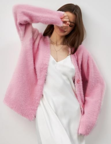 Image of Arssm Womens Fuzzy Cardigan Sweater V Neck Sweaters Fluffy Top