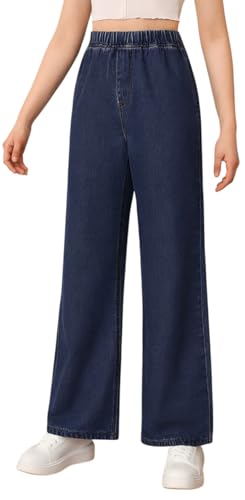 Image of ADBUCKS Girl's Stretch Denim Wide Leg Jeans Comfort Fit with Elastic Waistband, Straight Cut, Casual Style for All Seasons, Versatile Clothing
