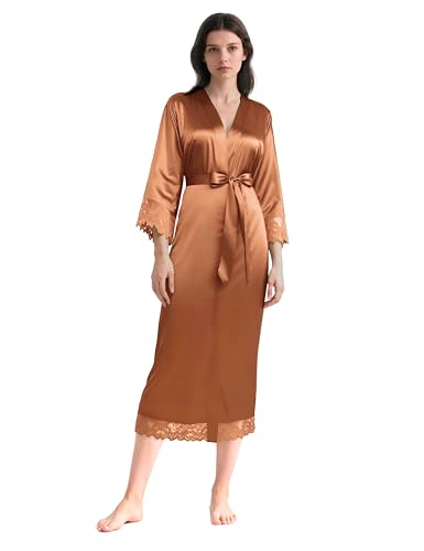 Image of BABEYOND Satin Kimono Robe Silky Long Bridesmaid Wedding Lightweight Bath Robe with Lace Trim