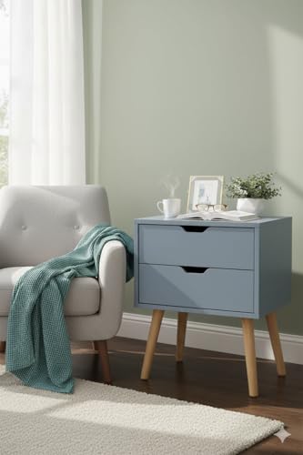 Image of Modern White Bedside Table with 2 Drawers & Wooden Legs | Compact Nightstand for Bedroom | Scandinavian Style Side Table with Storage for Home Living Room (Grey, 2 Drawer)