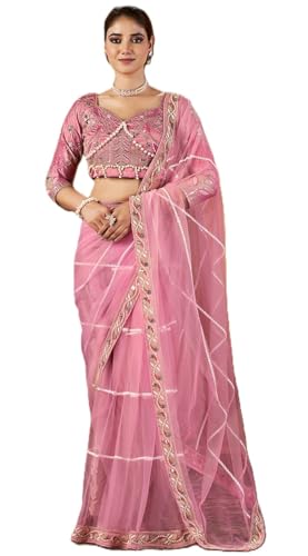 Image of Pandadi Saree Women's Net Embroidery Work Saree With Unstitched Blouse Piece