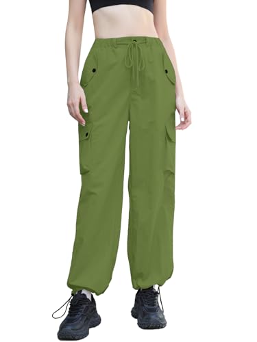 Image of Cromoncent Womens High Waist Parachute Pants Y2K Cargo Trousers with Pockets, Light Army Green, S