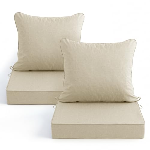 Image of Summsun Patio Chair Cushions Set of 2, Faux Linen Outdoor Furniture Cushions, Water Resistant Backrest and Deep Seat Cushion Set with Ties, Removable Cover, Non-Slip Bottom, 24 x 24 Inch, Beige