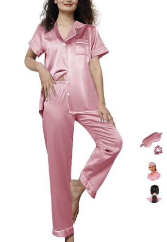WJing Yi Jia Womens Pajamas Set XS-4XL Silk Satin Pajama Sets