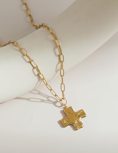 Chunky Gold Cross Necklace Jewelry for Women, Statement Hammered Cross Pendant Gold Plated Stainless Steel Non Tarnish Paperclip Necklaces for Women Trendy4