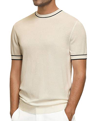 PJ PAUL JONES Men's Casual Pullover Short Sleeve Sweater Knitted Crew Neck T-Shirts Beige XL