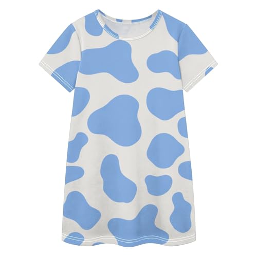 Vestidos de manga corta con estampado de vaca azul cómodos para niñas activos de 2 a 8 años