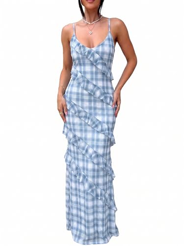 Image of HOCILLE Women's Sexy V Neck Backless Bodycon Spaghetti Strap Elegant Ruffle Maxi Cocktail Party Dresses