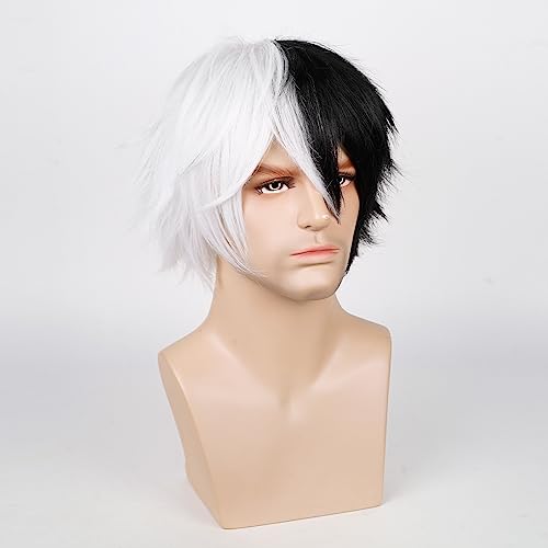 Image of Max Beauty Unisex Anime Short Black and White Cosplay Wig With Bangs Heat Resistant Hair for Party Halloween Costume + Free Cap (Two Tone)