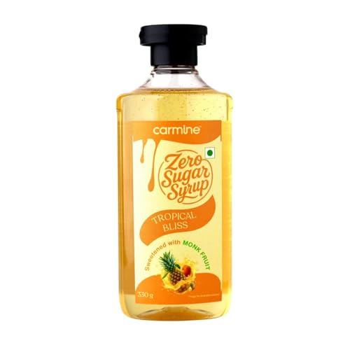 Image of Carmine Zero Sugar Syrup, Tropical Bliss, Sweetened with Monk Fruit, 330g | Made with Peach, Passion Fruit and Pineapple
