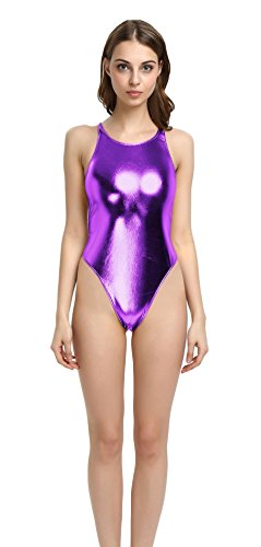 WOLF UNITARD Sexy Thong Leotard Shiny Metallic Bodysuit X-Large Purple