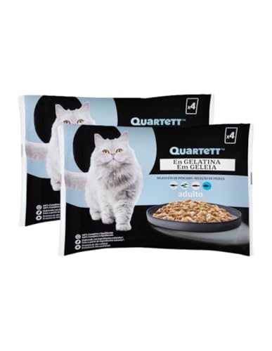 Alimento Húmedo para Gatos Adultos, Selección de Pescados en Gelatina, Pack 2x4 Tarrinas, sin Conservantes Artificiales Quartett
