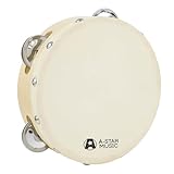 A-Star Pandereta de madera con cabeza de mano de 6 pulgadas/15 cm, Fila de cascabel tradicional de un solo metal - Cabeza natural