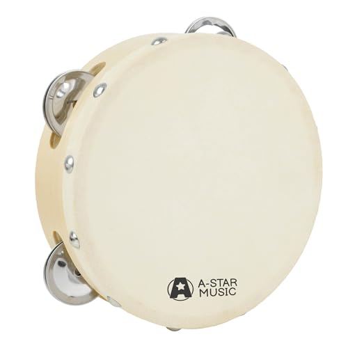 A-Star Pandereta de madera con cabeza de mano de 6 pulgadas/15 cm, Fila de cascabel tradicional de un solo metal - Cabeza natural