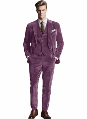 VENNYNG Men's 3 Piece Suits Corduroy Jacket Pants Vest Set Male Chic Single Breasted Blazer Outfit
