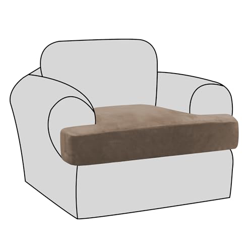 H.VERSAILTEX Stretch Velvet T Cushion Chair Covers for Living Room Armchair Sofa Cover Couch Cover Slipcover T Cushion Seat Cover Stay with Elastic Bands (Armchair, Mocha)
