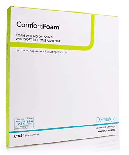 Comfortfoam Foam Wound Dressing, 8” X 8”, 5 Pack, Soft Silicone Adhesive, Highly Absorbent, Self-Adherent, Flexible, Cut To Fit #TOP11