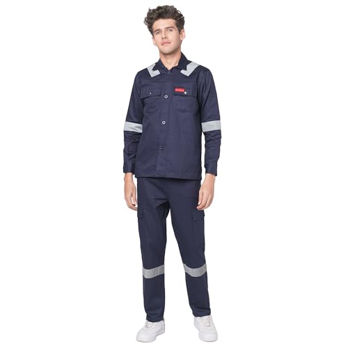 Image of Men's 100% Cotton Industrial Workwear Jacket & Pant Set with Reflective Tape, OEKOTEX, 200 GSM.
