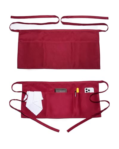 Argstar 2 Pack Server Apron with 4 Pockets Waitress Waiter Waist WaterDrop Resistant Short Aprons (Red)