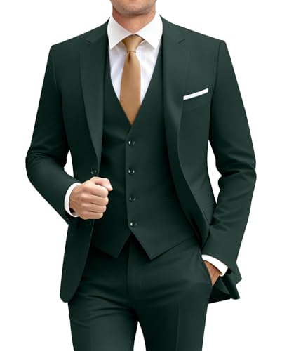 Image of Mens Suit Solid Two Button Slim Fit Suit Set for Wedding Formal Business Suit Men 3 Piece Suit Blazer Vest Pants Set