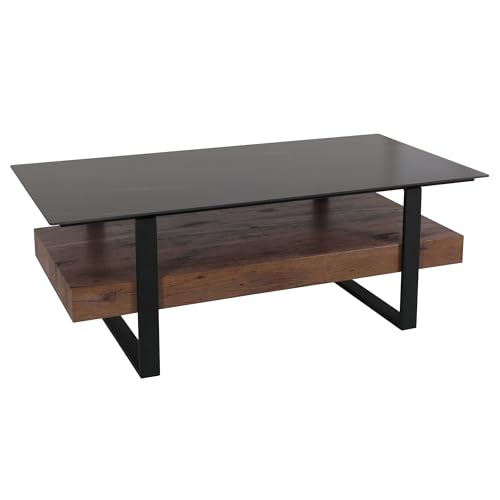 Mendler Couchtisch HWC-L88, Wohnzimmertisch Tisch, Ablage Eisen 43x120x60cm Sinterstein Marmor-Optik schwarz Holz Dunkelbraun – Bild 5