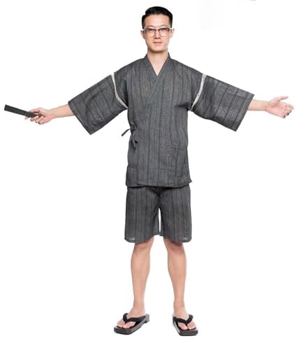 ZEALMAX Men's Japanese Style Kimono Pajamas, Cotton Linen Top and Shorts Suit, Loungewear Beach Wear Spa Bathrobe for Summer Autumn Multicolor4