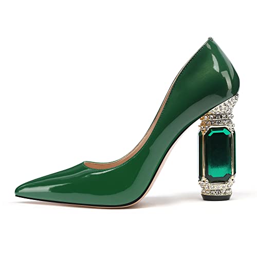 Image of JANSEVEN Women Chunky Heels Pumps Crystal Block Heels with Rhinestones Pointed Toe Sexy Gradient Patent Leather Slip on Bridal Party Wedding Dress Shoes 5-13 M US