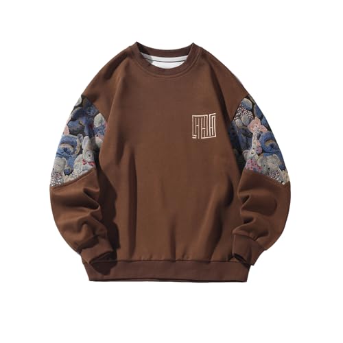 Mens Bear Embroidered Sweatshirt Vintage Patchwork Sweatshirts Long Sleeve Pullover Tops