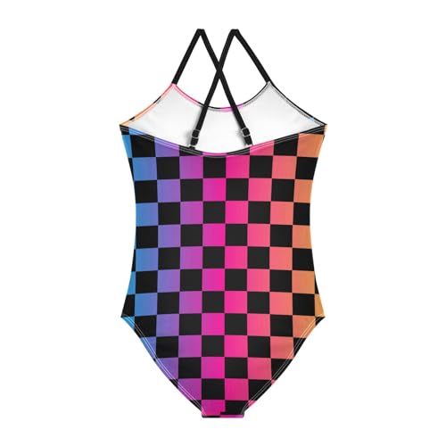 Black Rainbow Girls One Piece Swimsuits Squares Checkered Sport Halter Swimwear Beach Bathing Suit 5-6T2