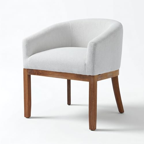SoarTalent Barrel Dining Chair with Arms, Upholstered Linen Armchair, Curved Back Mid-Century Accent Chair with Solid Wood Legs for Kitchen Dining Room, Breakfast Nook, Home Office, Beige