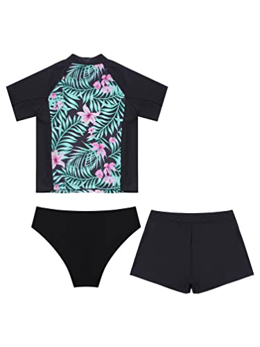 Teens Girls Flower Frinted Short Sleeve Top with Briefs Shorts Rash Guard 3 Pcs Swimwear Set2