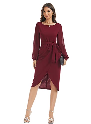 HELYO Women's Elegant V-Back Chiffon Long Sleeve Sheath Dresses Belted Ruched Casual Work Cocktail Party Midi Dress4