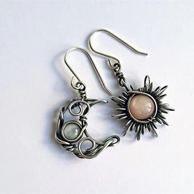 Boho Retro Opal Sun and Moon Dangle Earrings - Vintage Silver Asymmetry Moon Star Sun Dangle Drop Earrings With Black Moonstone - Hypoallergenic Statement Jewelry2