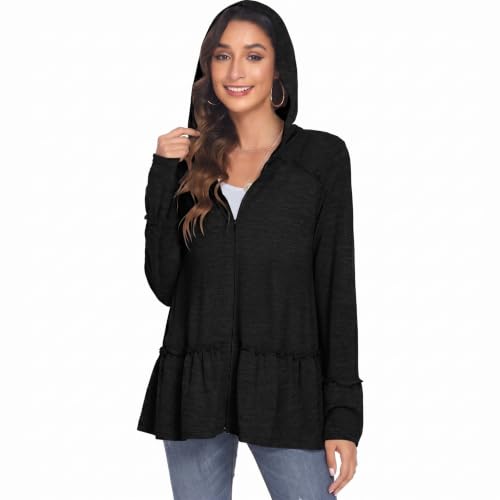 Image of DEESHA Plus Size Zip Up Hoodie for Curvy Women Spring Ruffle Hooded Sweatshirts Jacket Cardigans Lightweight