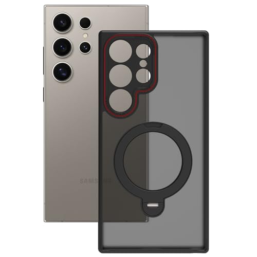 Image of RIGGEAR Shockproof Tough Hybrid Armor 360 Rotating Magnetic Ring Stand Back Cover Case Compatible with MagSafe Accessories for Samsung Galaxy S24 Ultra (Smoke Black Matte PC and Black TPU Bumper)