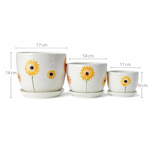 Image of Xtore Charming Sunflower Ceramic Planter Pots Set of 3 with Drainage Trays for Home & Garden Decor l Flower Pots for Indoor Plants, Balcony, Living Room & Office Styling (Multicolor)
