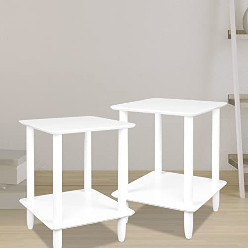 Ecomex 2-Tier Side Table, Wooden Nightstand Bedside Table With Storage Rack, Small End Table For Small Spaces, Living Room, Entryway,2Pcs,White #TOP28